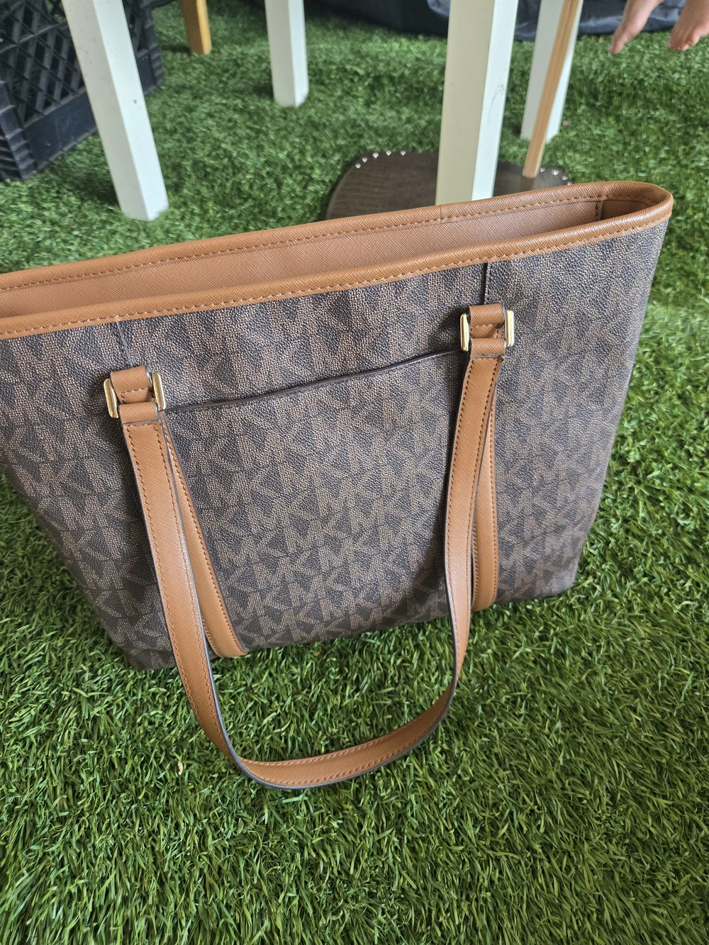 Michael Kors Brown Signature Logo Tote with Tan Trim